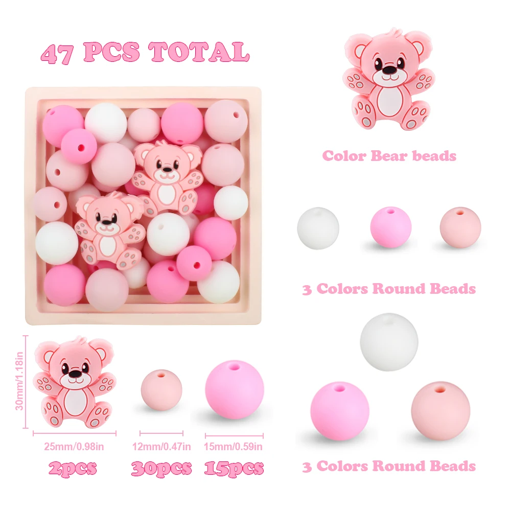 47Pcs Silicone Beads Bear Shape Baby Teether Beads Food Grade for Jewelry Making DIY Pacifier Chain Necklaces Accessorie