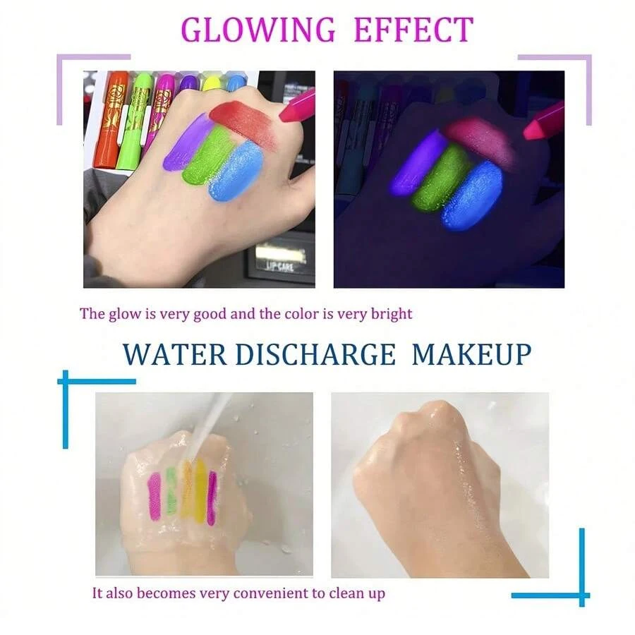 6 Uv Black Light Facial Oil Paint Crayon Set, Black Light Makeup Neon Face and Body Oil Paint Stick Marker Pen for Carnival Halloween Masquerade Makeup 4