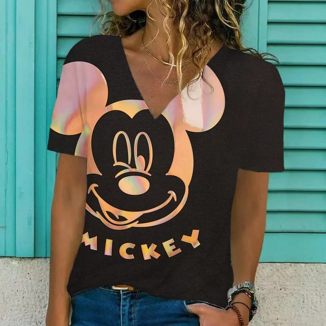 3D Disney Minnie Mickey Maus Druck Frauen T-shirt Neue Sommer Casual  Kurzarm V-ausschnitt Lose Tops Damen Große Größe 5XL Kleidung - AliExpress