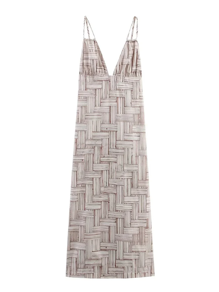 TFMLN Women V Neck Pleated Sling Long Dresses Summer New Sleeveless High Waist Backless Loose Dress 2025 Fashion Holiday Robes