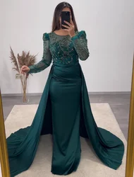 Mermaid Sexy Elegant O-Neck Sexy Pleated Beading Satin Evening Gown Custom Made Formal Party Dress Long Sleeves Prom Dresses