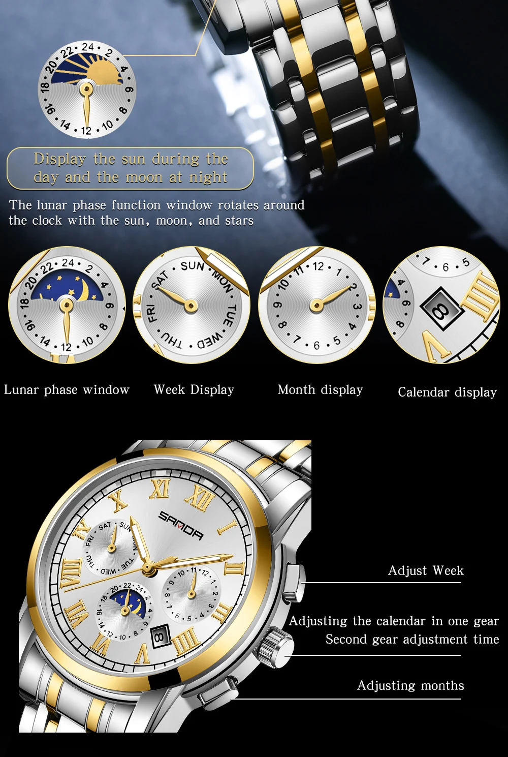 2023 SANDA New Selling Steel Band Calendar Men's Watch with Three Eyes Six Needles Multifunctional Fully Automatic Mechanical