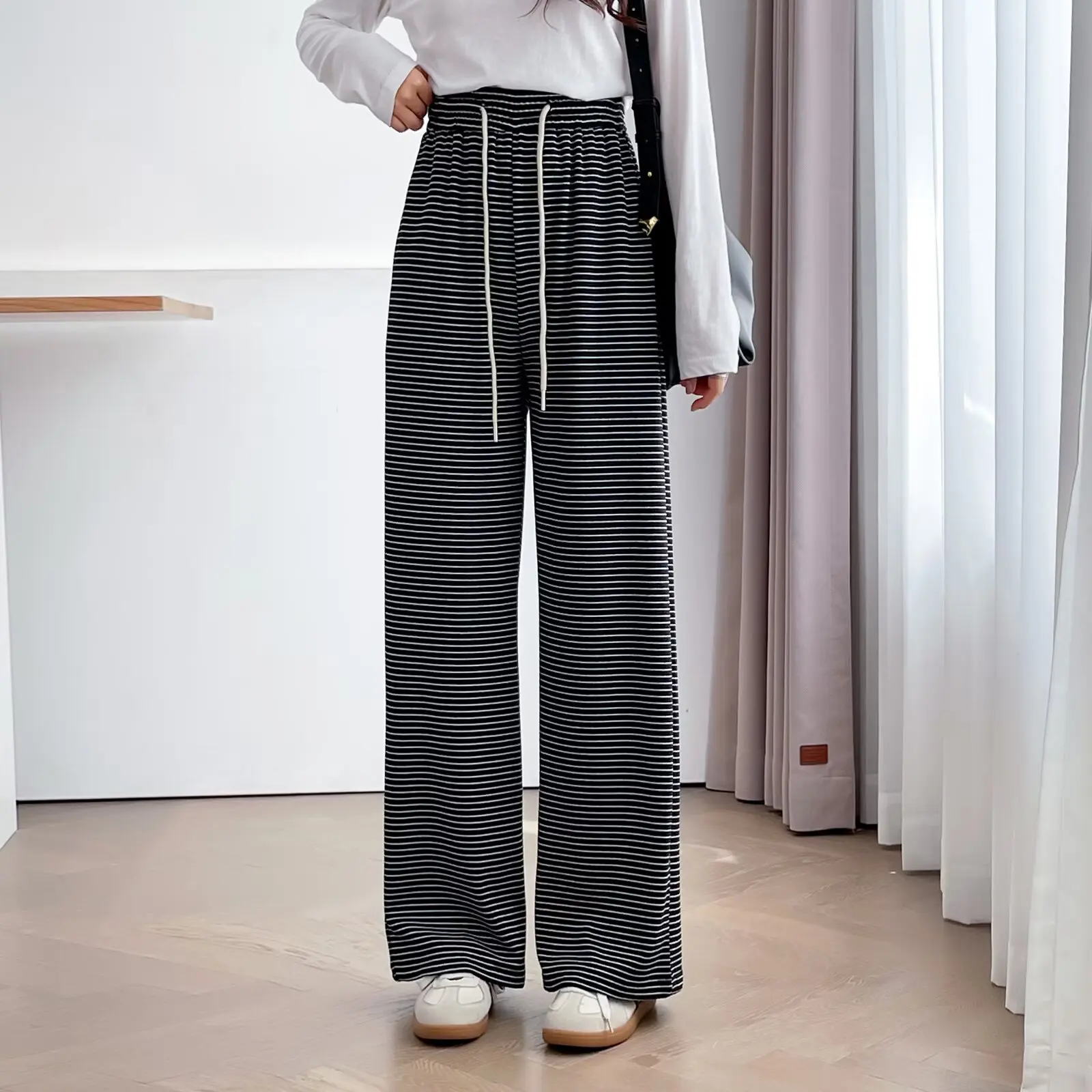 Plus Size Women's Straight Leg Pants New Simple Drawstring Hight Waisted Striped Trousers Autumn 2025