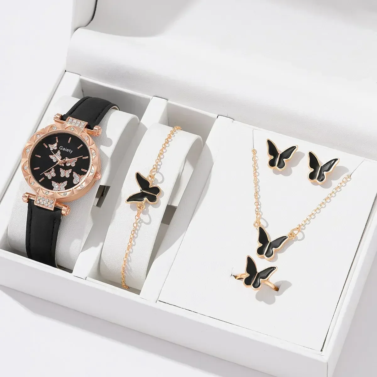 6/1pcs Set Women Watch Ring Necklace Earrings Bracelet Set Watches Butterfly Leather Strap Ladies Quartz WristWatch (No Box) 2