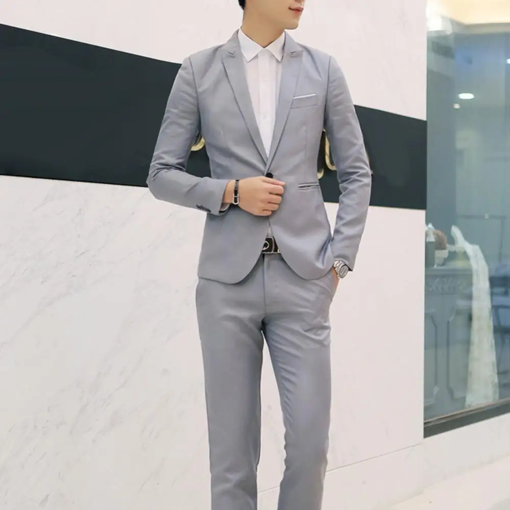 2Pcs Fashion Men Solid Color Lapel Button Long Sleeve Slim Blazer Suit Pants Suit Pants