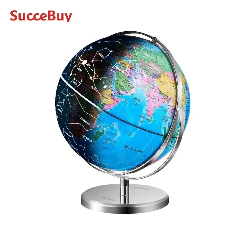 Illuminated World Globe with Stand 9in/228.6mm Stable Heavy Metal Base and LED Constellation Night Light HD Printed Map