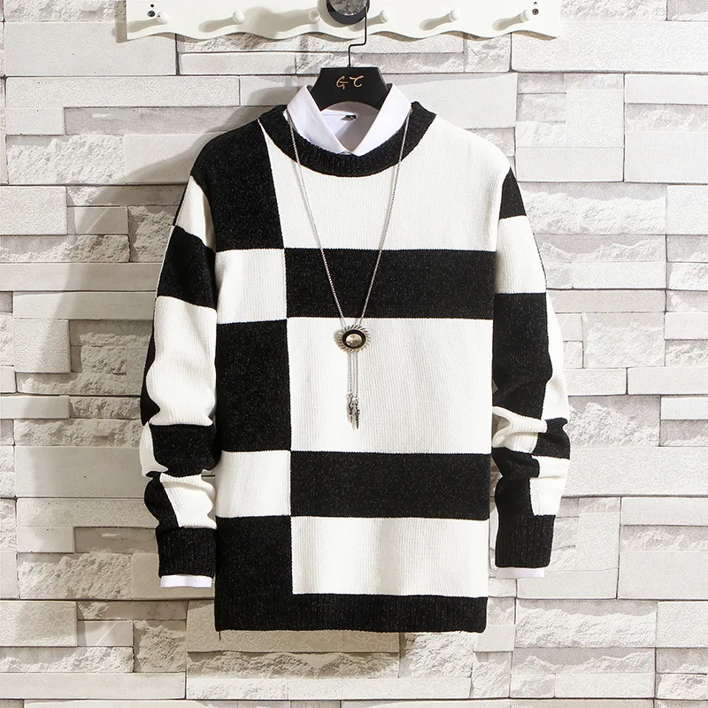 2023 Autumn Winter New Chenille Men's Knitwear Korean Slim Fit Round Neck Sweater Trendy Bottom Sweater Casual Contrast Color