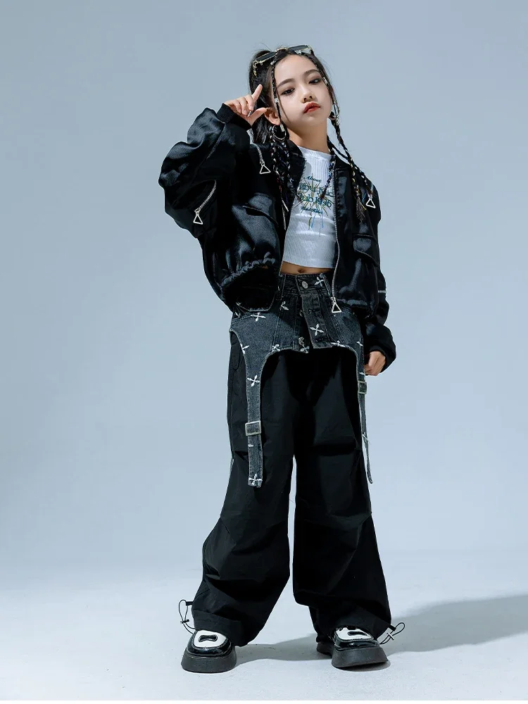 Street Dance Wear Ballroom Hip Hop Stage Costumes Children'S Jazz Dance Performance Clothing Girls Denim Waistband Suit
