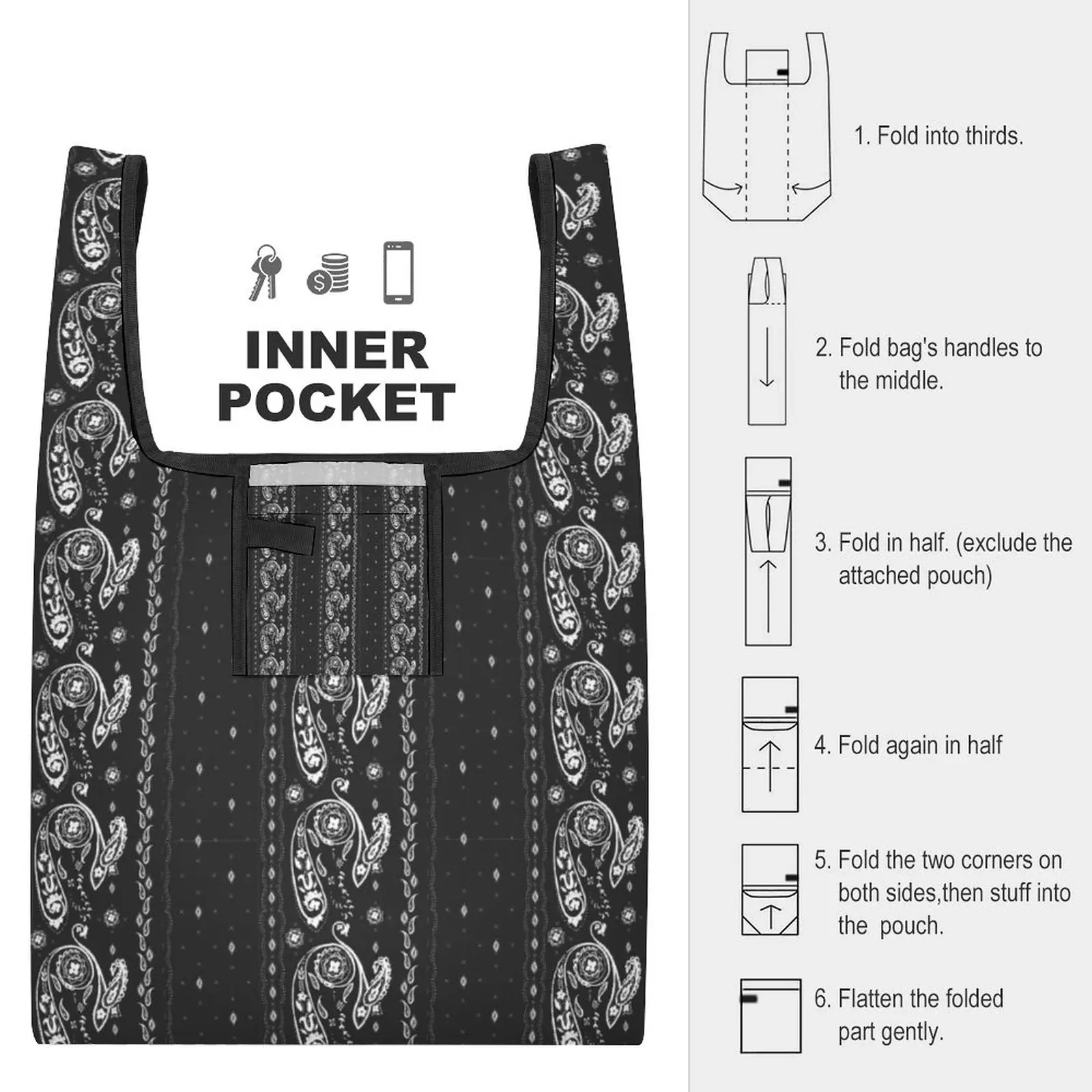 Customized Printed Black Totes Bag Shopping Double Strap Handbag Ethnic Style Tote Casual Woman Grocery Bag Custom Pattern