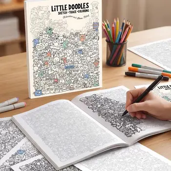 Libro da Colorare e Disegnare con Cartoni Animati Carini, Libro Antistress per Doodle, Libro Artistico Multiuso per Attività di Disegno