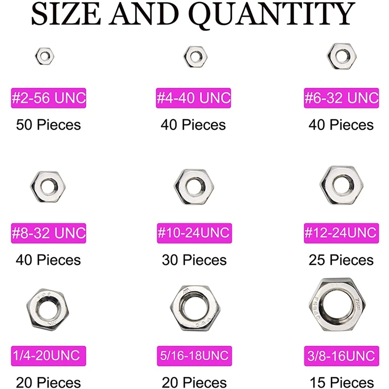 Stainless Steel Nuts 2-56 To 3/8Inch-16 UNC Hex Nuts Assortment Kit For Screws Bolts-280Pcs