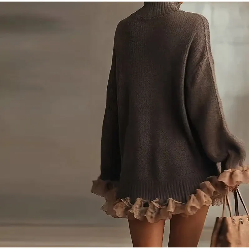 Taupefarbenes Rollkragen-Strickkleid für Damen, gerüschter Spitzensaum, volle Ärmel, Kleider 2026, Frühling, Herbst, weiblich, lässig, Ausflüge, tägliches Passend – Detail 9