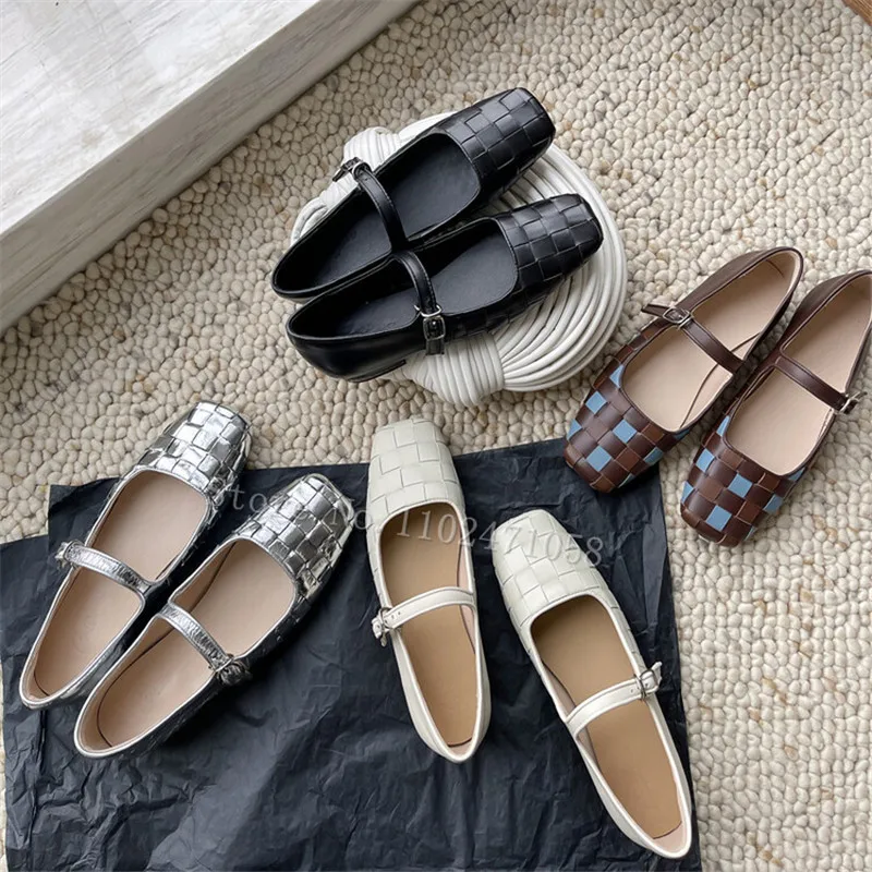 

Retro Square Toe One Strap Mary Janes Pumps Roman Weaving Genuine Leather Women Summer Casual Shoes Fashion Ladies Flats Sandals