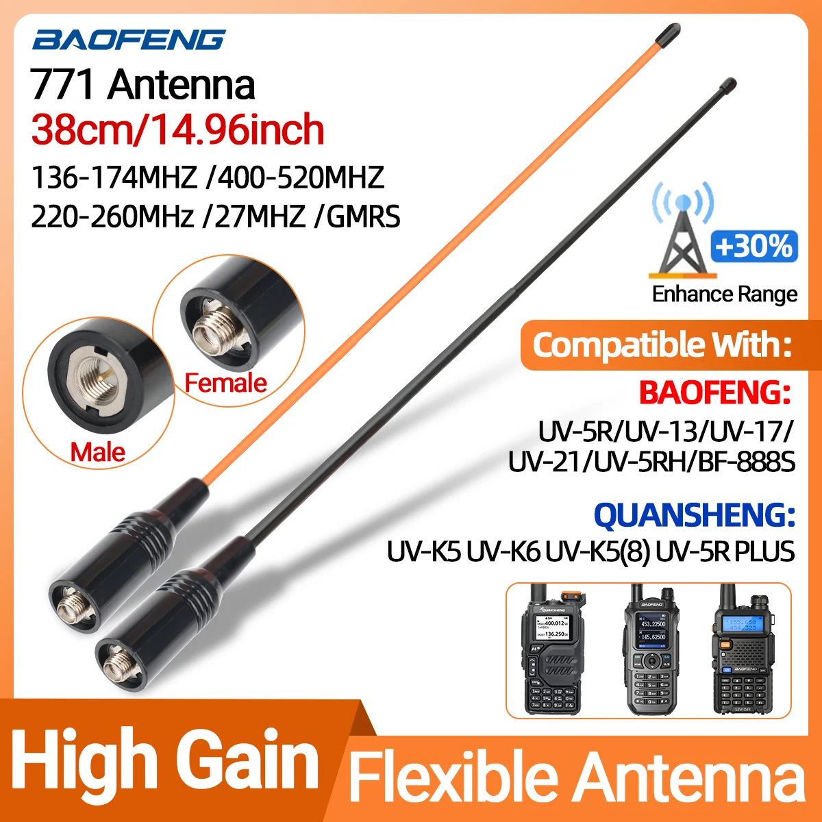 Tri-Band VHF/UHF Walkie Talkie Antenna - SMA Female/Male