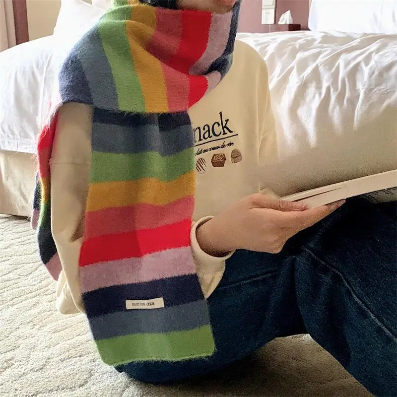 Winter Accessories Tartan Scarf Knitted Scarf Women Chiffon Scarf Rainbow Stripes Mohair Scarf for Men And Women in Winter