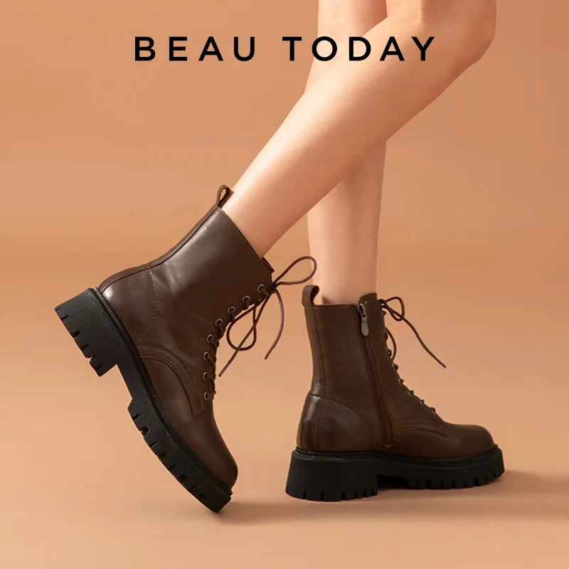 Women Winter Ankle Boots Cow Leather Platform Boots Round Toe Zipper Thick Sole Motorcycle Bootie winter snow boots