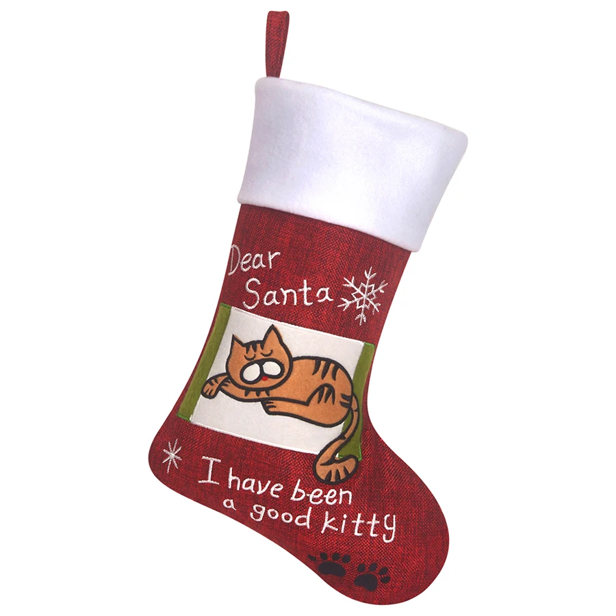 

37cm Christmas Stockings for Cats Embroidered Fleece Cuff Socks Xmas Tree Hanging Decor Party Ornaments Pets Gifts Kids Keepsake