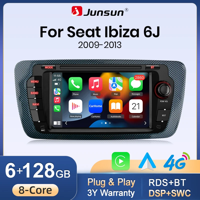 Radio de coche Junsun Android con CarPlay inalámbrico y Android Auto para Seat Ibiza 6J 2009-2012, reproductor multimedia con navegación GPS, pantalla táctil IPS de 7 pulgadas, WiFi, 4G, DSP, Bluetooth, FM, RDS, SWC, unidad principal estéreo 2DIN 1