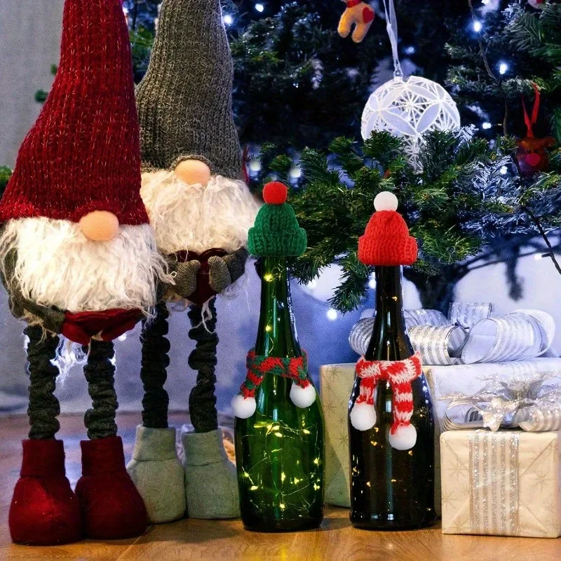 10/50Pcs Red Mini Santa Hat Knitting Cap for Cat Rabbit Doll Lollipop Wine Bottle Covers Xmas Bottles Holder Table Dinner Decor christmas beanie hat
