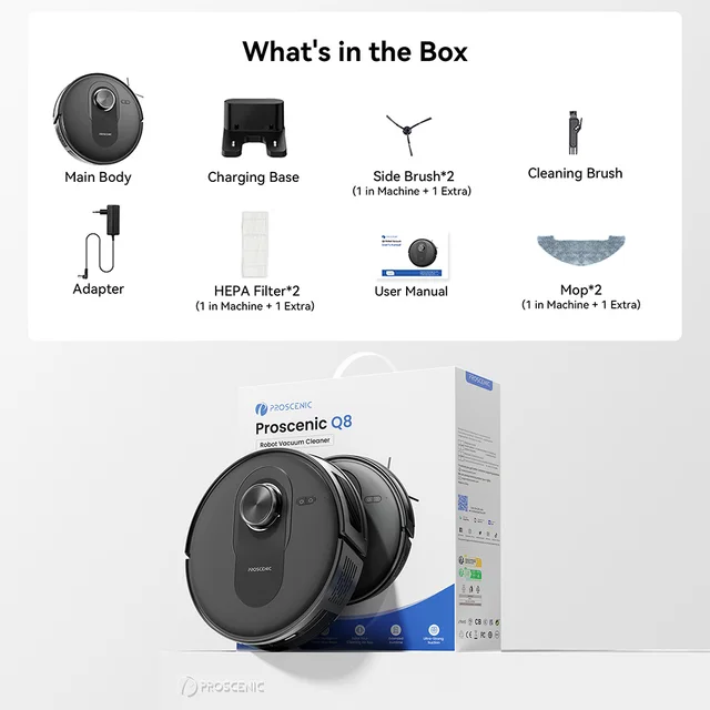 Robot Aspirapolvere E Lavapavimenti Proscenic Q8 - 5000Pa, Mappatura LiDAR, Controllo App/Alexa, Anti-Groviglio