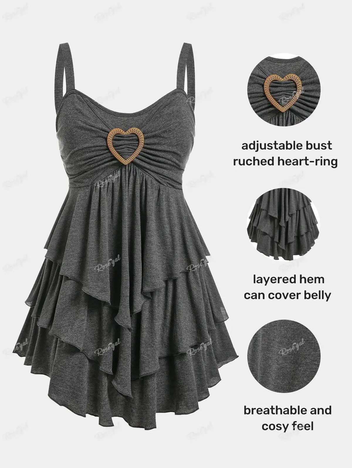 

ROSEGAL Plus Size Heart Buckle Ruched Tank Tops Gray Women Summer Layers Tunic Straps Vest 4XL