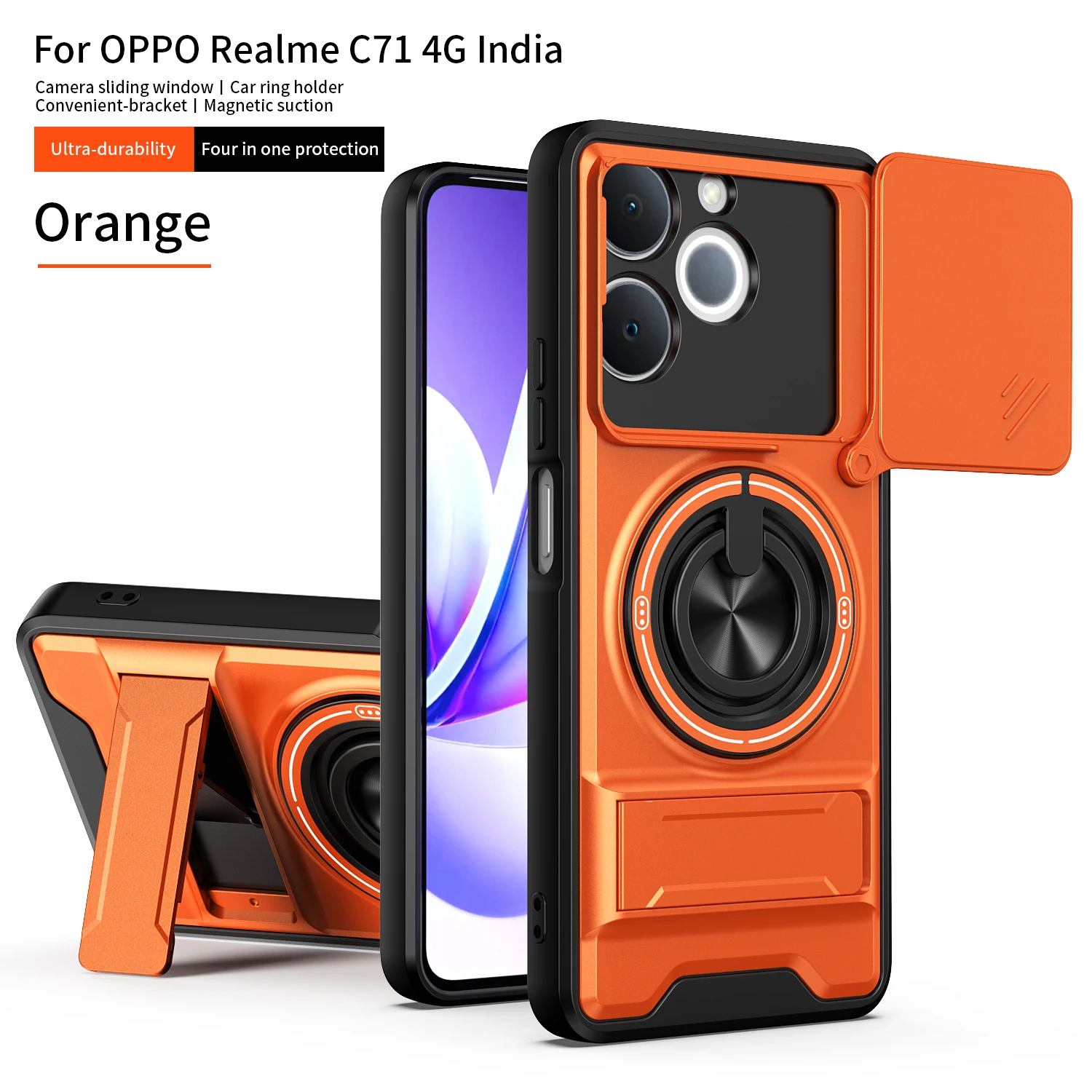 Armor Shockproof Phone Case with Sliding Camera Cap and Built-in Magnet Ring Kickstand