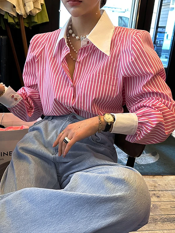 Spring Fall Lady Blouse Elegant Korean Fashion Stripe Printing Long Sleeves Women Blouse