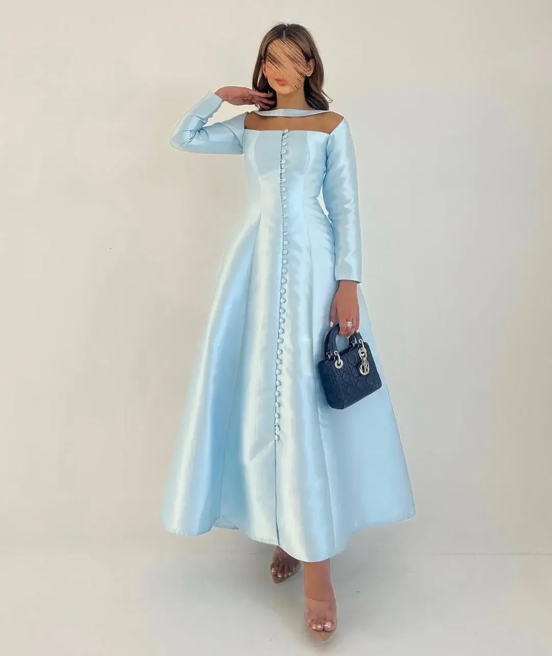 

Modern Evening Dresses A-Line Buttons Ankle-Length Saudi Arabia Long Sleeves Satin Prom Dresses Formal Occasion Party Gowns