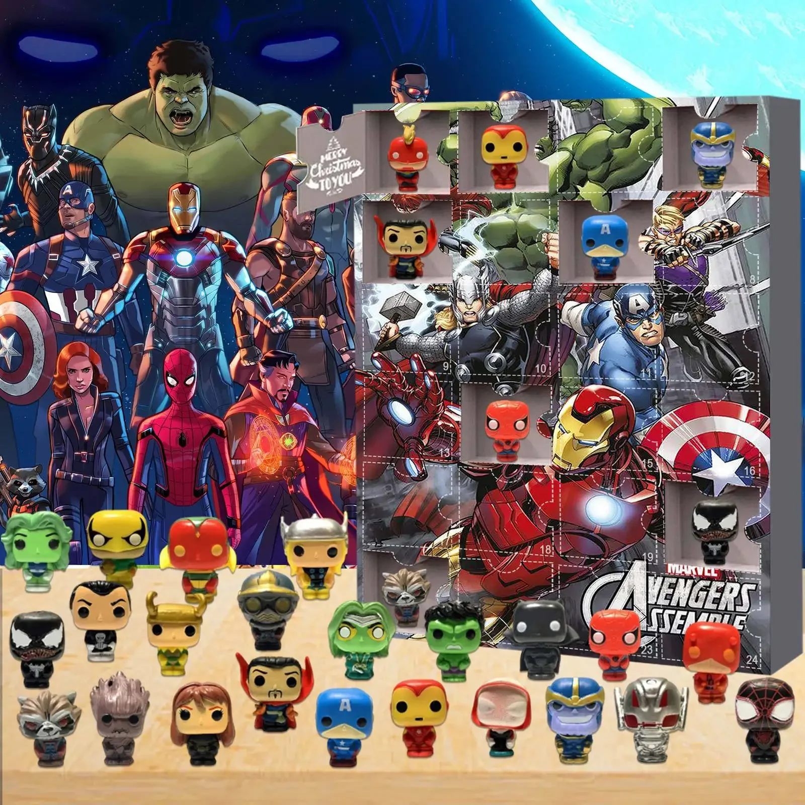 Disney Marvel Christmas Avvento Calendar Box 24Pcs Avengers Anime Figures Spider-Man Iron Man Accessori Giocattoli Regali Di Compleanno