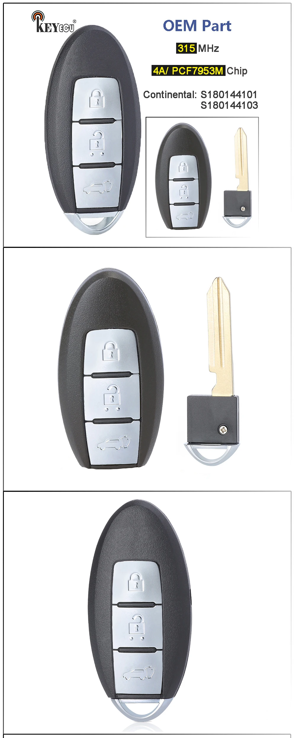 Keyforkess 315MHz 4A PCF7953M S180144101, S180144103 285E3-4CE0C Smart Remote Key Fob per Nissan Xtrail X-Trail Rogue 2014 -2017 -