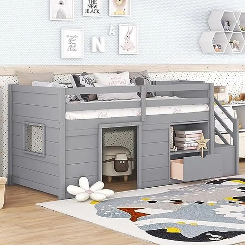 Twin Size Wood Loft Bed with Storage Drawers and Stairs Modern Farmhouse Style Multifunctional Kid's Bed Durable and Safe Grey 4