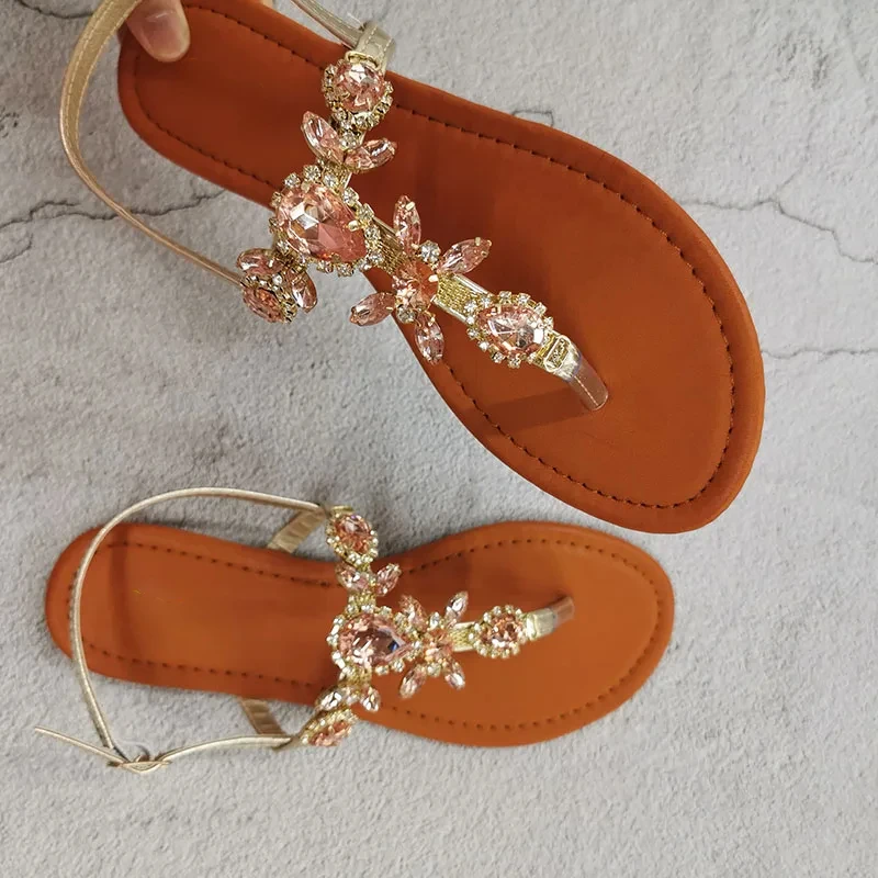 Summer Women's Shoes Large Size Crystal Shiny Flat Female Sandals Bohemia Back Strap Footwear
