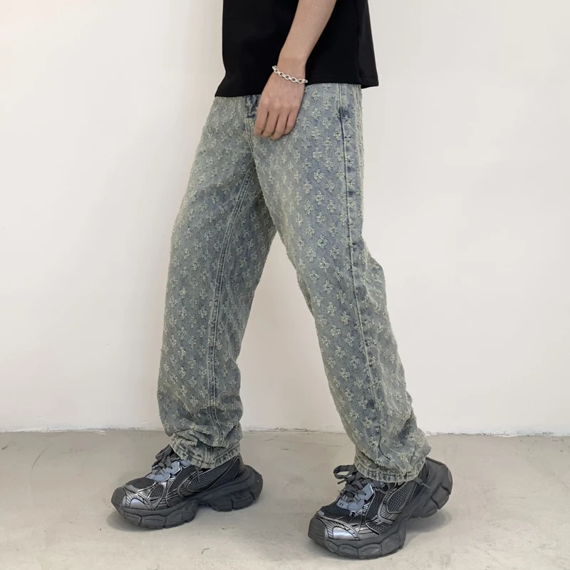 2024 street Latest designer Pattern Jacquard Jeans Looser Hollow-out Men's Pants Full Length Denim Clothing Black Blue men's pan 2