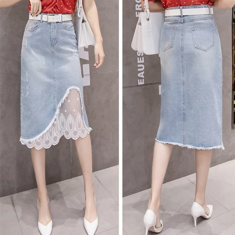 Korean Fashion High Waist Denim Skirt 2023 Women Holes Knee-Length Elegant A-line Jean Skirts Female Lace Patchwork Mesh Faldas