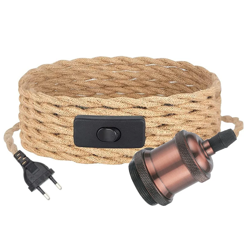 Vintage 4.5M Hemp Rope Pendant Light with Switchable EU Plug