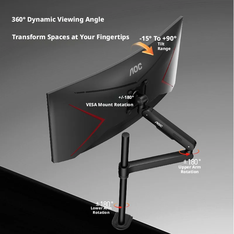 AOC AM700 싱글 모니터 암 브래킷 데스크 스탠드 클램프 마운트 높이 조절 가능 17-34인치 지원, 2-9kg 컴퓨터 브래킷