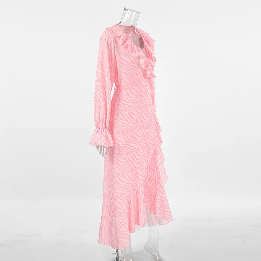 Pink Printed Ruffled Long Dress Women's Lace-Up Long Sleeve Elegant Contrast Patchwork Party Dress Female Bandage Dress
