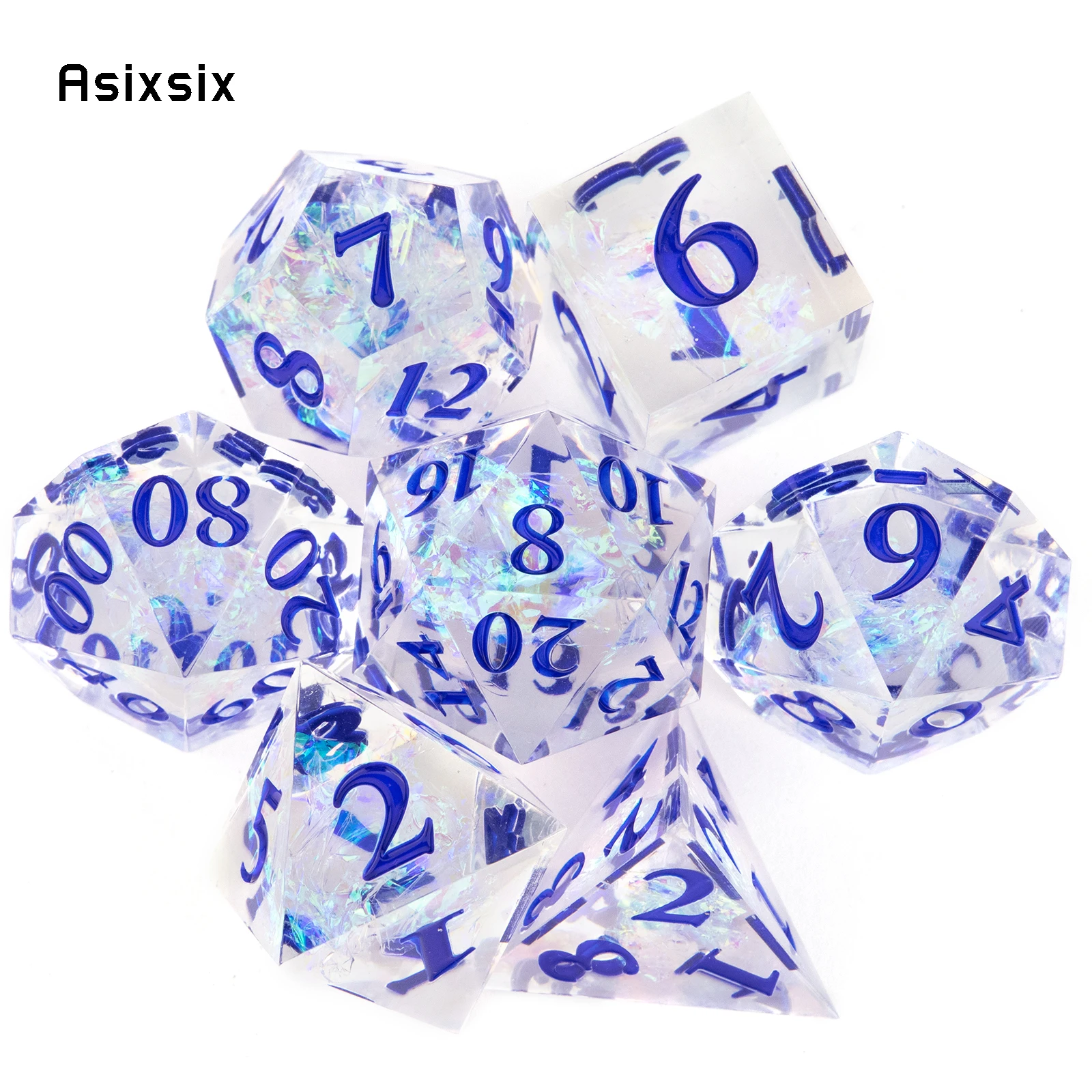 

7 Pcs White Resin Blue Number Sharp Edge Dice Polyhedral Dice Suitable for Role-Playing RPG Board Game