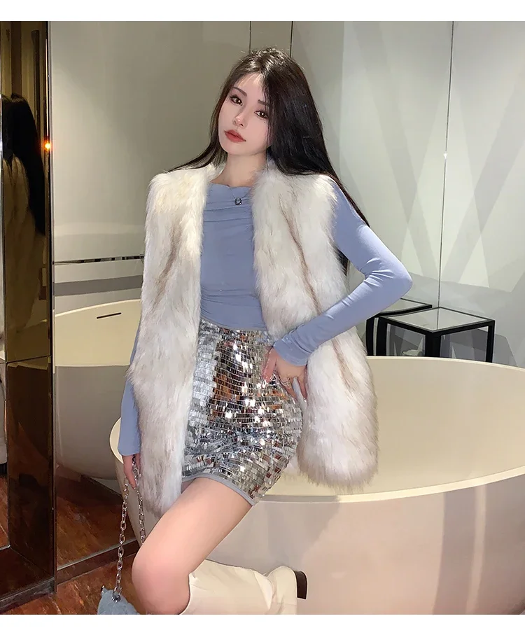 FANIECES Autumn Winter Faux Fur Vest Jacket Women Coat Fluffy Sleeveless Artificial Fur Long Waistcoat manteau femme hiver шуба