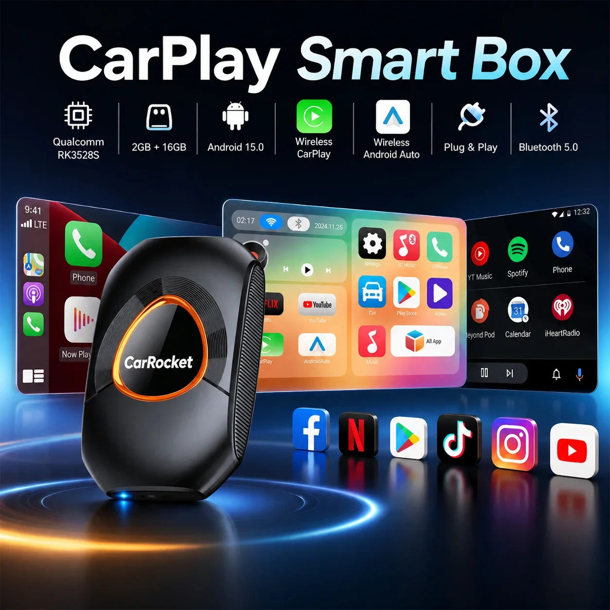 Box Smart AI Android 15 con Carplay Wireless e Adattatore Android Auto per YouTube e Netflix, Compatibile con Lexus, Ford, Toyota, VW, Benz, Kia, MG, Haval, Fiat