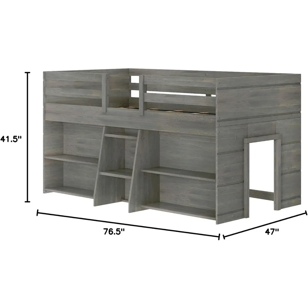 Modern Farmhouse Low Loft Bed, Twin Bed Frame for Kids with 2 Bookcases, Driftwood  Wooden Bed Bunk Beds for Kids 2