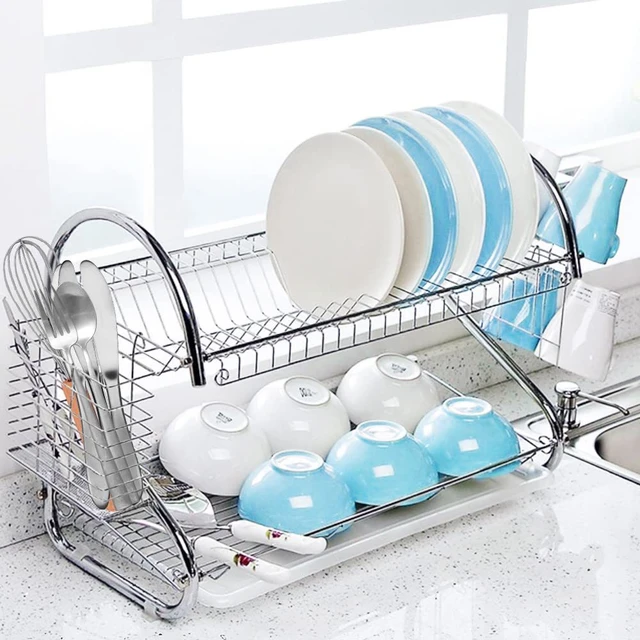 Sink Dish Drying Rack with Drip Tray, Stainless Steel Dish Drainer with  Wooden Handles and Cutlery Holder - AliExpress