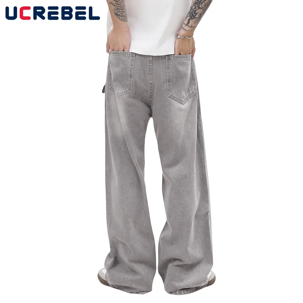 Retro Washed Distressed Straight-leg Jeans Mens Streetwear Loose Casual Wide Leg Pants Men Trousers