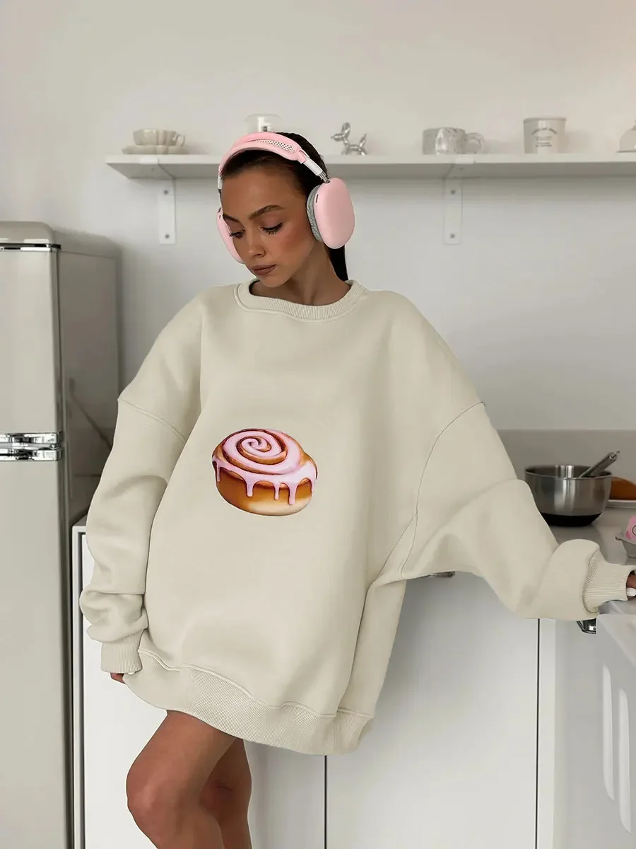 Bornlaides New Autumn Winter  Cake Printed Pullover Women's Plush Loose Slimming Long Sleeves Sweatshirts O-neck Pullover Hoodie