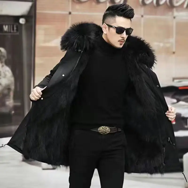 Parker Men&rsquo;s Imitation Fur Liner Winter Warm Fur One-piece Coat Imitation Mink Fleece Mid-length Coat men winter jacket imitation fur coat