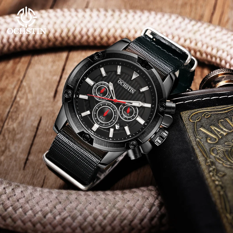 OCHSTIN Original Luxury Nylon Fashion Black Watch For Men Luminous Calendar Brazil Style Student Analog Wristwatch