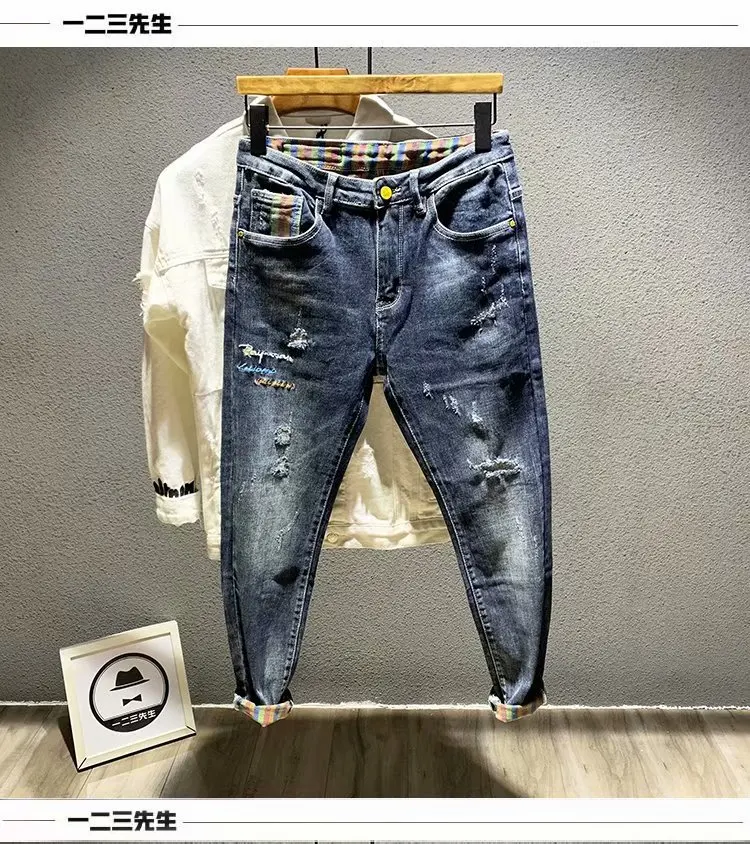 Streetwear Fashion Men Jeans Retro Blue Elastic Destroyed Slim Ripped Jeans  Men Embroidery Patch Designer Hip Hop Denim Pants