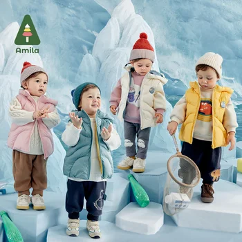 Amila Baby Down Jacket Vest 2022 Winter New Boys and Girls Solid Warm Hooded Sleeveless Coat Kids Casual Clothes 4