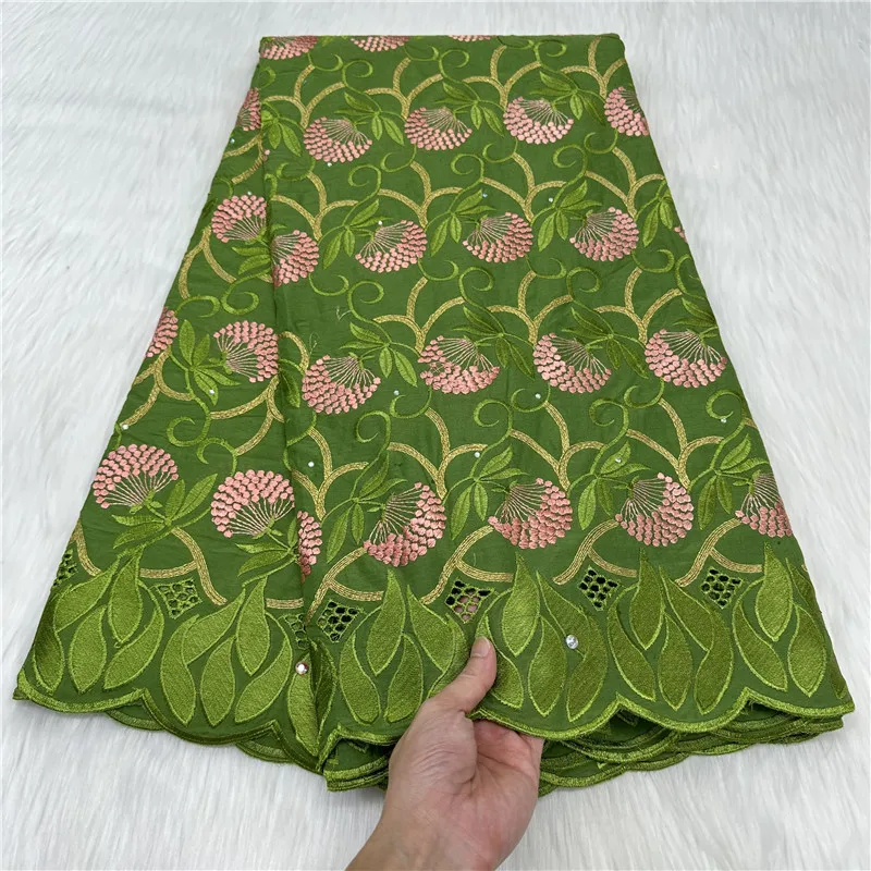 

Green African Cotton Lace Fabric 5 Yards Nigerian Swiss Voile Lace Fabric With Stones Elegant Dresses Material For Women 23A70