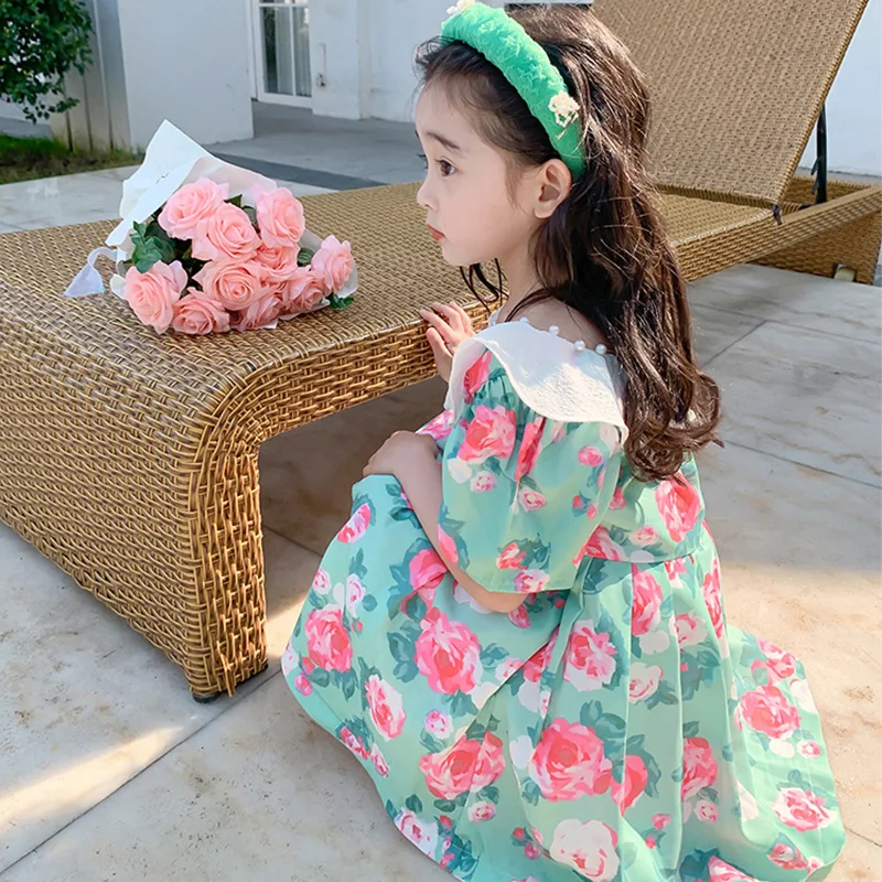 

2023 Summer Girls Sweet Print Rose Short Sleeve Dress